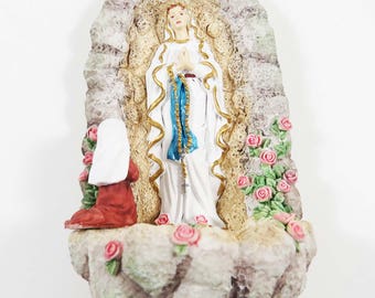 Vintage OUR LADY of LOURDES Holy Water Font: Ceramic Hand Painted - Catholic Religious Wall Decor w Virgin Mary at Lourdes Grotto