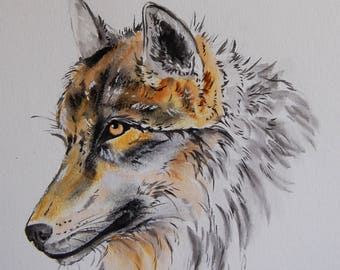 loup, animaux, art animalier, art, dessin encre fusain et crayon original signé