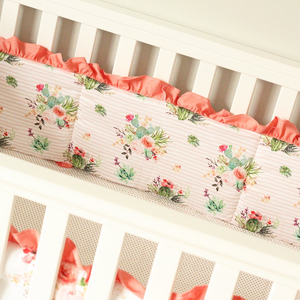 Baby Girl Nursery Crib Bedding Set Peach Green Floral Bumper