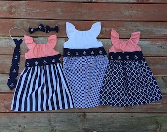 Girls Beach Dress Navy Coral White Anchor Nautical 0 3 6 12 18 24 2t 3t 4t 5/6 7/8 9/10 11/12 Family Pictures Sister Dresses Sibling Outfits