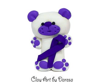 Purple Ribbon Aware Bear - polymer clay figurine