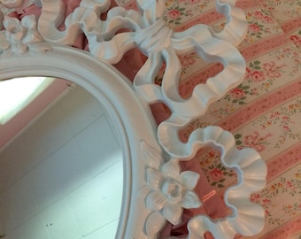 Shabby chic mirror, vintage white ribbon and bows