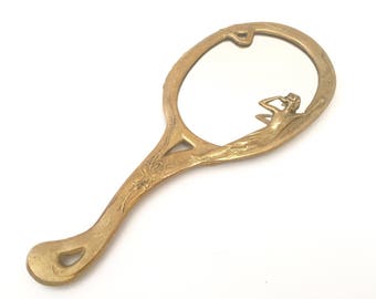Art Nouveau Hand Mirror - Brass Frame - Vanity Mirror Vintage Mirrors - Round Mirror - Bathroom Mirror - Antique Mirror - Art Deco Mirror