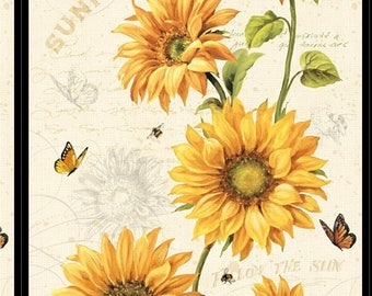 12% off thru July FOLLOW THE SUN -sunflowers-yellow-butterflies, bees by Wilmington Fabrics- 24 by 44 inches-86246-157
