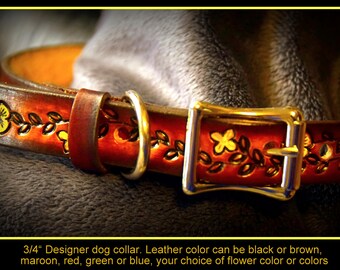 Thin Designer Leather Dog Collar 3/4 inch wide, Yellow Flower vine, outdoor hardware, can be monogrammed, with name and phone number