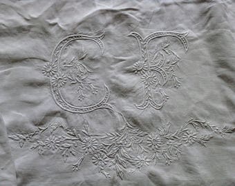 Antique French linen dowry sheet with huge monogram CF