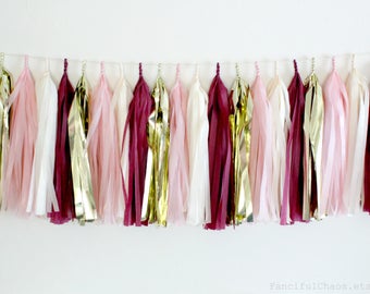 Maroon Burgundy, Cream, Pink, Gold Tissue Paper Tassel Garland- Wedding, Birthday, Bridal Shower, Baby Shower, Garden Party Decorations