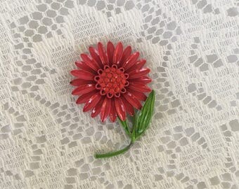 Vintage Metal Flower Brooch, Vintage Red Flower Brooch, Vintage Flower Pin, Metal Flower Pin
