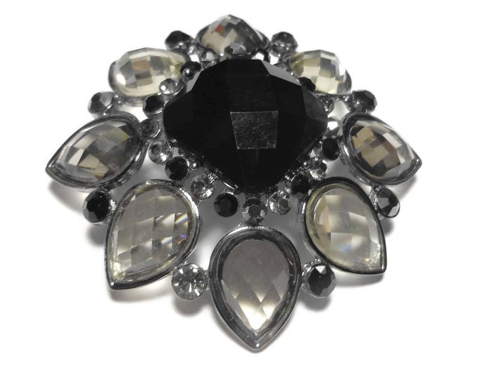 FREE SHIPPING Louis Dell'Olio brooch, gunmetal floral brooch, grey and black rhinestones, pear shape leaves and square center, resin