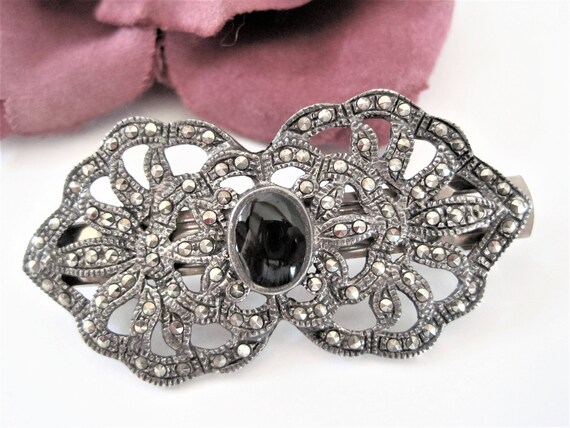 Sterling Marcasite Barrette, Wedding Hair Ornament, 925 Marcasite. Onyx Center