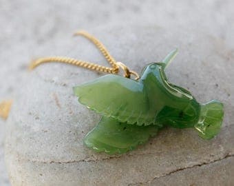 FLASH SALE Jade Hummingbird Necklace - Nephrite Jade - Gold -Sterling Silver