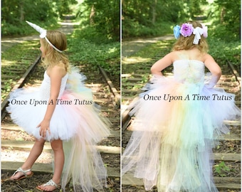 Pastel Unicorn Bustle Tutu Dress - Girls Size 12 18 Months 2T 3T 4T 5 6 7 8 9 10 12 Birthday, Halloween Costume - Colorful Pony Mane Horn