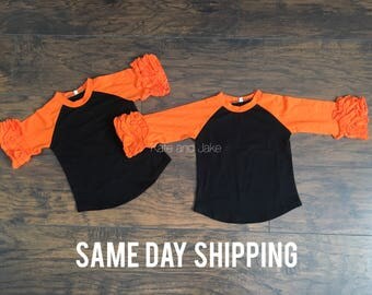 READY TO SHIP ruffle raglan shirt, ruffle shirt, orange & black halloween shirt, girl shirt, toddler shirt halloween shirt, halloween raglan