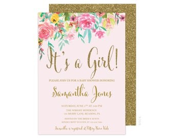 Floral Baby Girl Shower Invitation - 5x7 Baby Shower Invitations - Free Shipping - Gold and Pink - Pink and Gold Invitation - It's a Girl