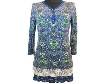 Womens Blue Paisley Tunic, Upcycled Clothing, OOAK Layered Tunic, Boho Paisley Tunic, Boho Refashioned Top, Altered Couture, Lagenlook