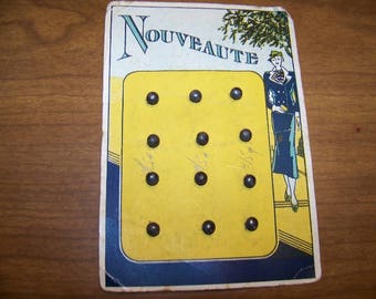 Set of 12 Tiny Vintage Metal Ball Buttons on Original Card