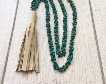 Long Suede Tassel Necklace // turquoise wood beads // boho tassel necklace // rodeo gypsy cowgirl western jewelry