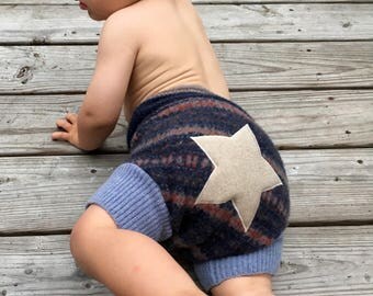 Cloth Diaper Cover, Wool Soaker, Shorties, Overnight Diaper Cover - Size Large - Star Applique
