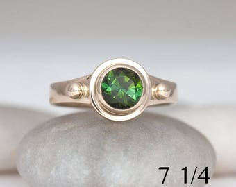 Green tourmaline and 14k yellow gold ring, size 7 1/4, gold, tourmaline and ruby ring, #291.