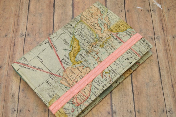 a5 bullet journal cover in world map fabric almost ready