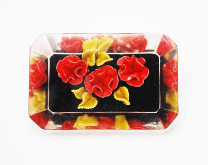 Reverse Carved Lucite Brooch - Red Rose Orchid Flower - yellow green leaves pin with black - Floral leaves pin