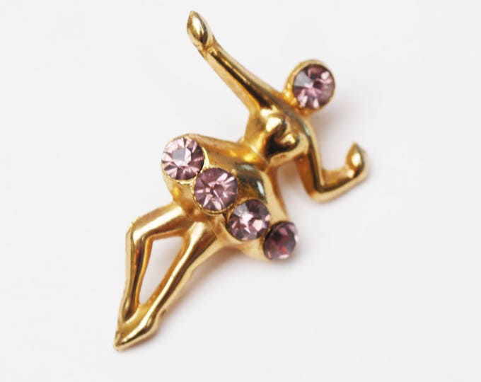 Ballerina Brooch Pink rhinestone - gold figurine Dancer pin