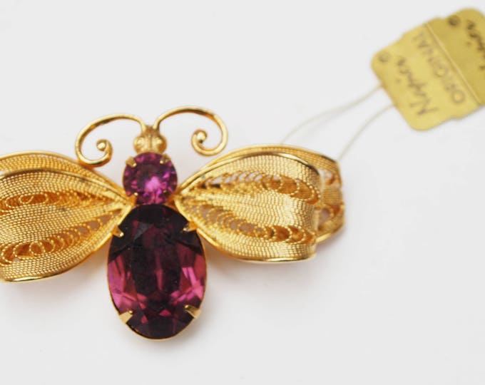 Butterfly Rhinestone BRooch _ Signed Napier _ Purple crystal - Ornate gold wire - Bug pin