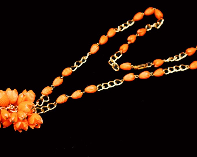 Orange Orange Bead Necklace - grape cluster tassel - gold chain - Signed Hong Kong - Lucite plastic