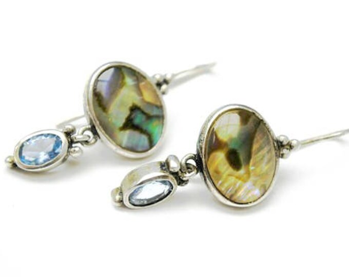 Abalone Sterling dangle Earrings- Blue open back glass - Drop pierced earrings