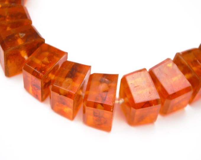 Amber Bead Statement Necklace - Graduated Chunky Cube Orange Resin Beads - hand knotted - Vintage Modernist design