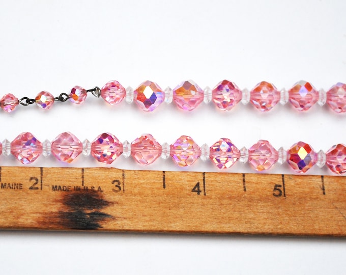 Pink Crystal Bead Necklace - Signed Laguna - Aurora borealis - Facet glass beads - Mid century