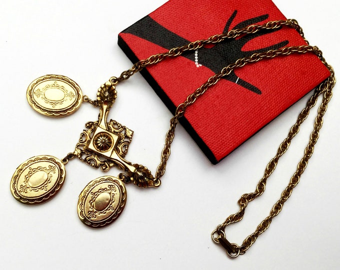 Locket necklace - Signed Art - Triple three locket - gold chain - Art Mode company - Victorian Revival - Pendants