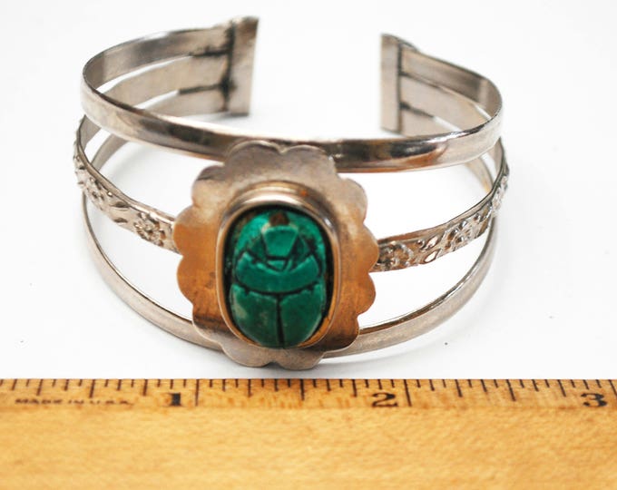 scarab beetle cuff bracelet - carved Clay ceramic - turquoise blue - Egyptian Revival - Silvertone bangle