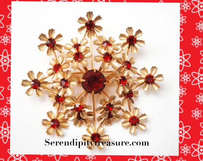 Vintage Large Flower Brooch - Red Rhinestone - slightly domed - gold flower - Mid Century floral pin - Atomic