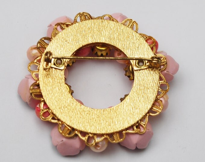 Pink Rhinestone Wreath Brooch - white pearl -enamel - Floral -gold wire wrap pin