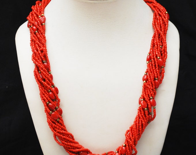 Orange Bead necklace - Multi strand Torsade - Glass cite plastic beads