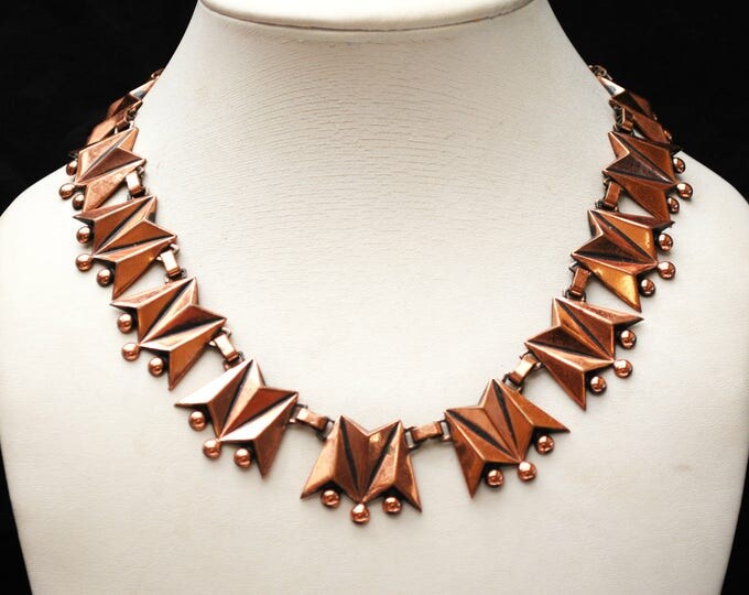 Copper link Necklace - Signed Renoir - modernistic Abstract Triangle - Mid century Mod