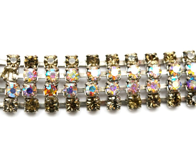 Rhinestone Bracelet - Aurora Borealis Crystal - Grey Rhinestone Silver -- Mid Century Bracelet - Wedding Bride