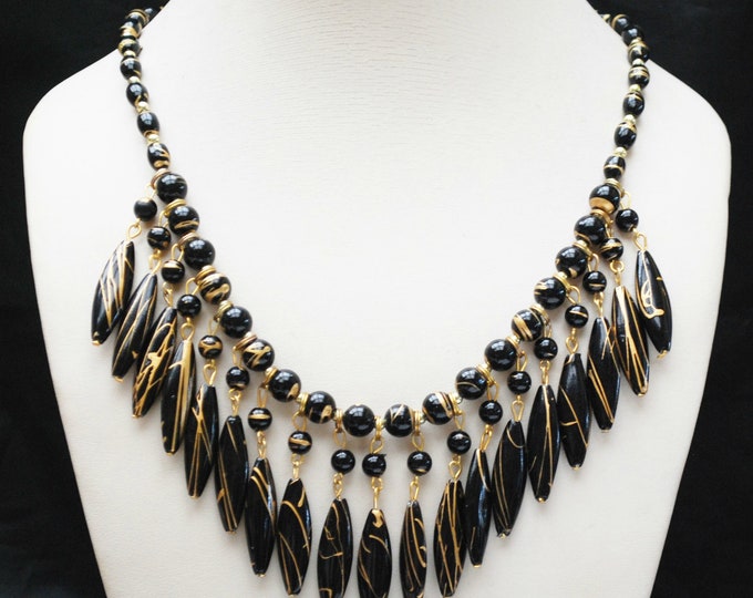 Black bead Bib Necklace - Gold Black Bead - Resin gold metal trim - Statement necklace