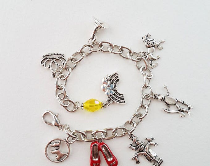 Wizard of OZ SILVER charm bracelet, Dorothy Oz Jewelry, Red Shoes bracelet, handmade Oz, Oz favors, simple, shipping discounts 3/ more #1L9