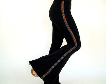 Native American trimmed solid black stretchy bell bottoms-Boho Flare pant-Women leggings-Yoga pant-70's clothing-Festival Pant-XS-S-M-L-XL