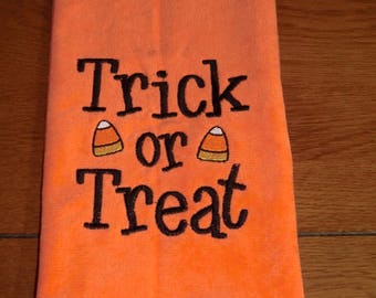 Embroidered Velour Hand Towel - Halloween - Trick or Treat - Orange Towel