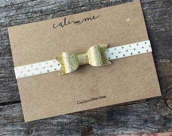 Fine Glitter Gold Bow Headband, Baby Headband, Gold Headband, Baby Girl, Newborn Girl Photo Prop Headband