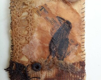 ACEO original textile muted tones encaustic waxed tea bag textile art old crow hand stitched teabag art
