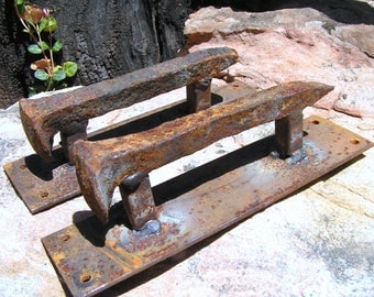 TWO old Railroad spike door cabinet gate handles pulls 0004