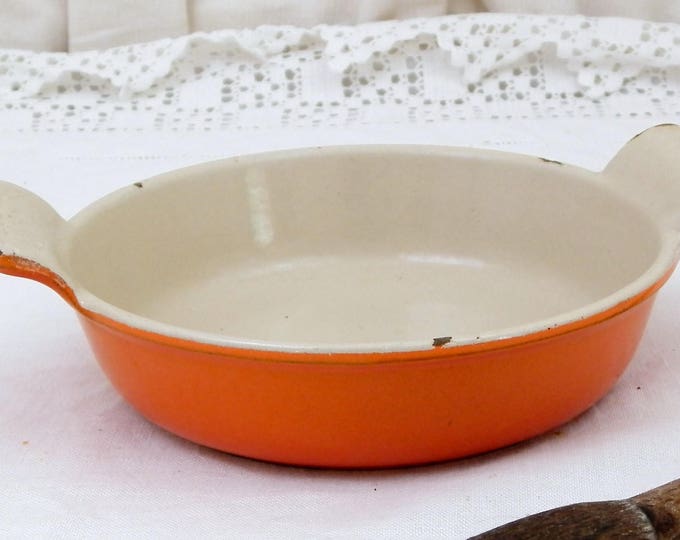Small Vintage French Le Creuset from France Bright Orange and White Enameled Cast Iron 28 Oven Dish, Retro Kitchen Enamelware from France