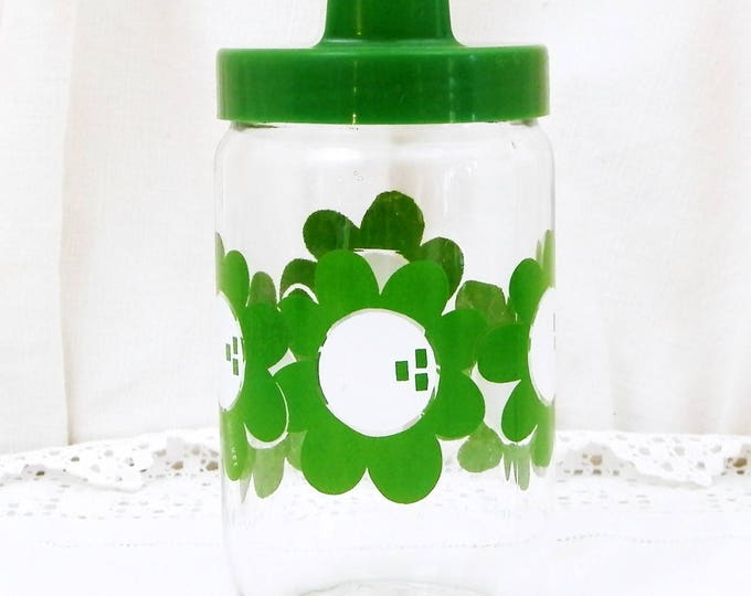 Vintage French Airtight Henkel Glass Storage Jar with Green Flower Design, 1960S Vintage Kitchen Decor, Retro Kitchenalia from France