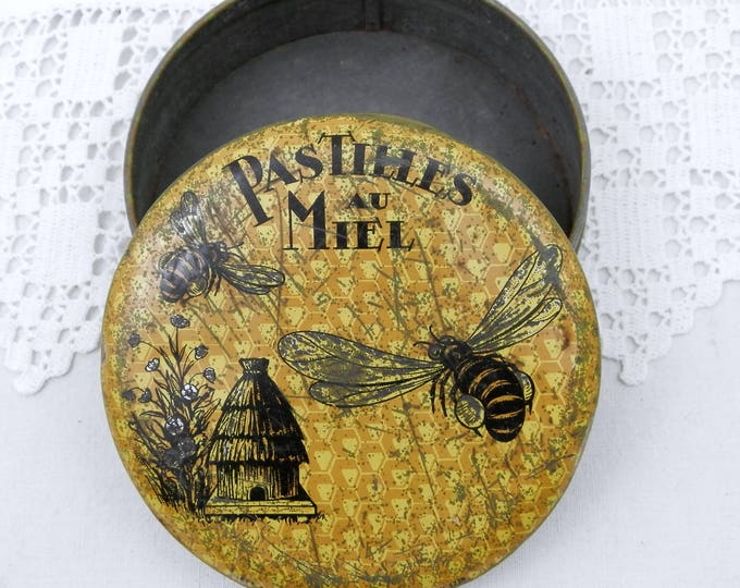 Vintage Yellow Honey Candie Lozenges Metal Tin with Bees and Hive Pattern from France, French Medicinal Tablets, Pastilles de Miel