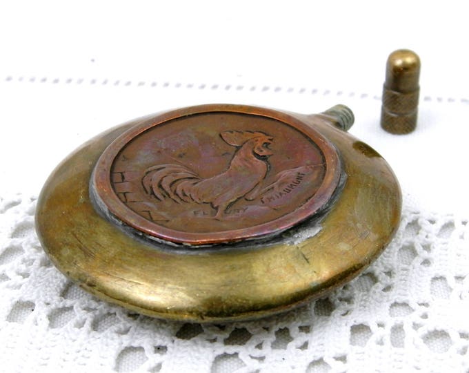 Antique French Trench Art WW1 Powder Flask in Copper and Brass with Embossed Lion Rooster Inscribed Vimy Roeux Bullecourt Fleury Thiaumont Antique French Trench Art WW1 Powder Flask in Copper and Brass with Embossed Lion Rooster Inscribed Vimy Roeux Bullecourt Fleury Thiaumont