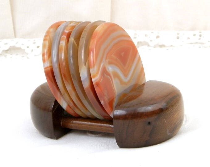 Vintage 6 Round Onyx / Agate Orange and White Polished Stone Drinks Coasters with Stacking Rack, Retro Home Interior, Entertaining, Barware Vintage 6 Round Onyx / Agate Orange and White Polished Stone Drinks Coasters with Stacking Rack, Retro Home Interior, Entertaining, Barware